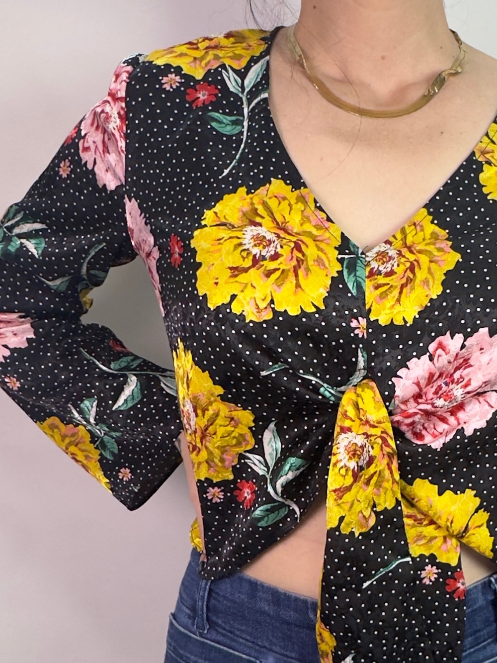 Topshop Floral Tie Front Crop Blouse US 6 Bell Sleeve retro dot 70s glam vibes